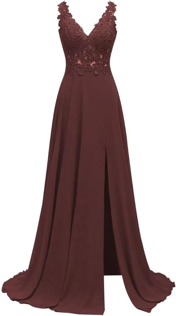 Women's Bridesmaid Dresses Long Chiffon Slit Semi Formal Dresses V-Neck Backless A-Line Evening Gowns for Wedding