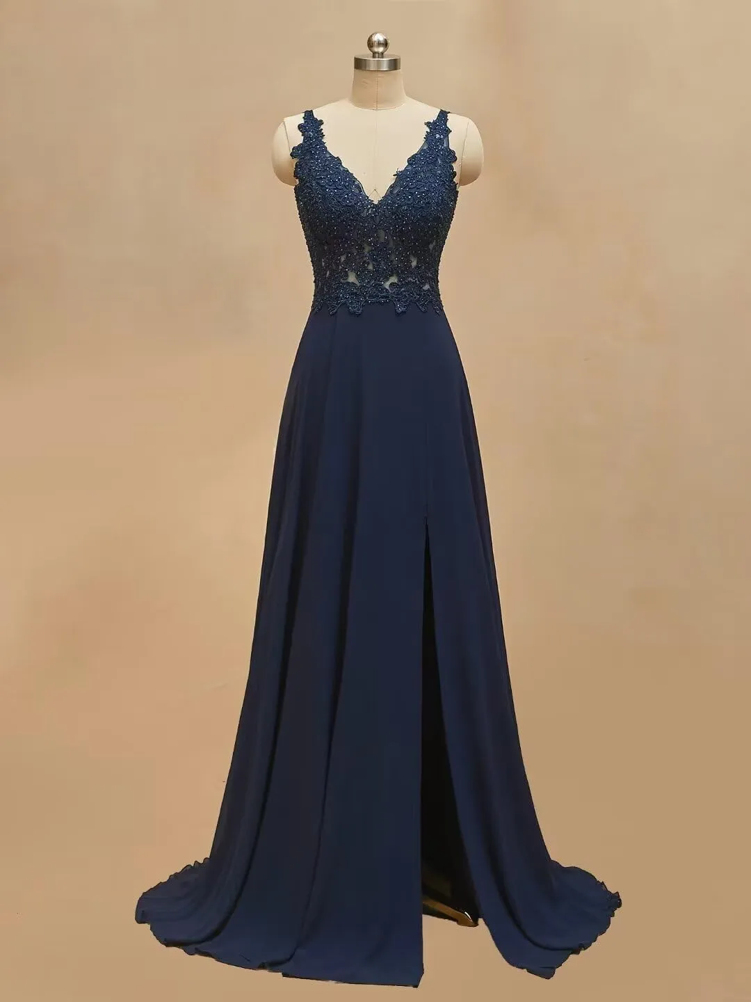 Women's Bridesmaid Dresses Long Chiffon Slit Semi Formal Dresses V-Neck Backless A-Line Evening Gowns for Wedding