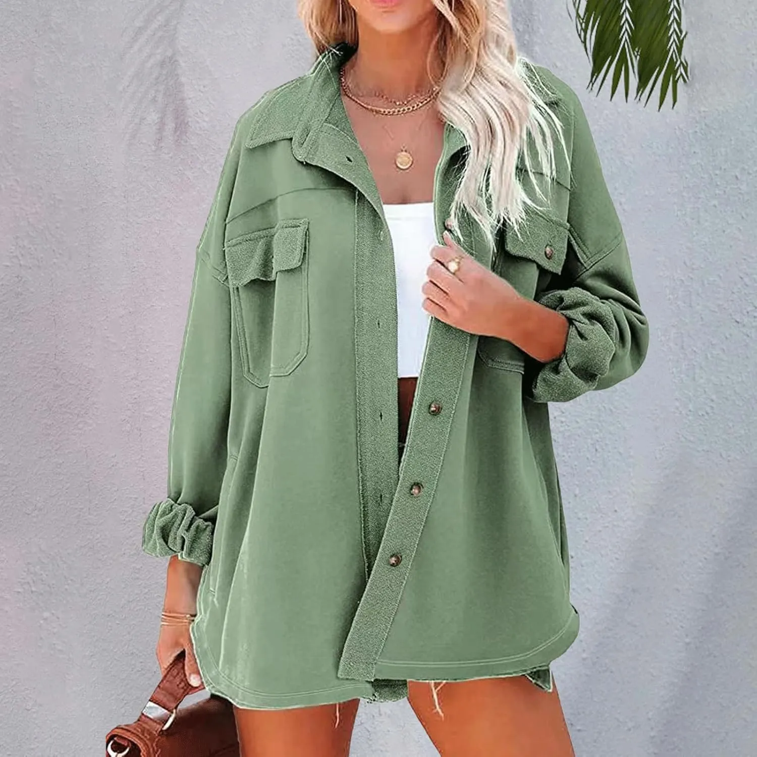 Womens Button Down Shirts 2024 Fall Casual Long Sleeve Cargo Jacket Loose Military Utility Safari Coat with Pockets
