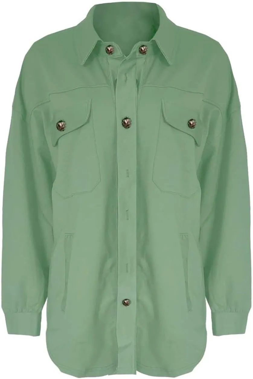 Womens Button Down Shirts 2024 Fall Casual Long Sleeve Cargo Jacket Loose Military Utility Safari Coat with Pockets