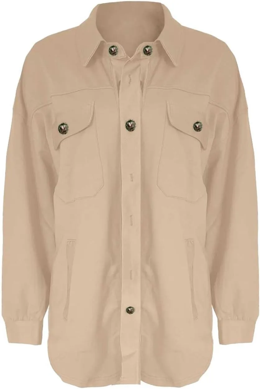 Womens Button Down Shirts 2024 Fall Casual Long Sleeve Cargo Jacket Loose Military Utility Safari Coat with Pockets