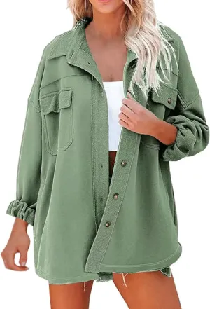 Womens Button Down Shirts 2024 Fall Casual Long Sleeve Cargo Jacket Loose Military Utility Safari Coat with Pockets