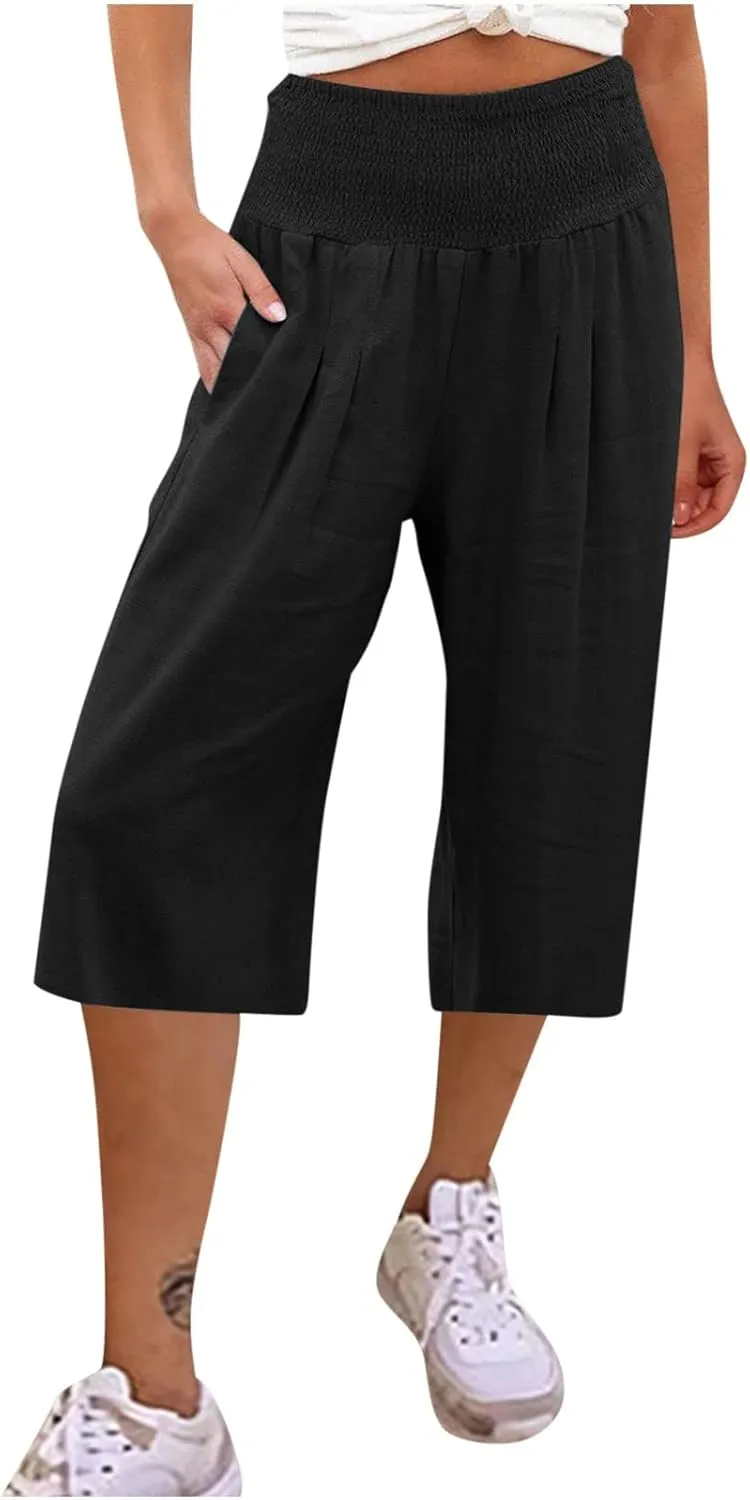 Womens Capri Pants Casual Summer Linen Pants Loose Wide Leg Pants High Waist Straight Pants Business Casual Pants