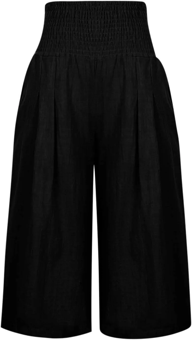 Womens Capri Pants Casual Summer Linen Pants Loose Wide Leg Pants High Waist Straight Pants Business Casual Pants