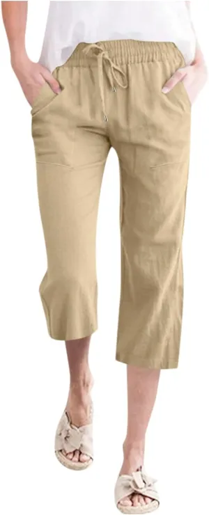 Womens Capris Summer Cotton Linen Pants Casual 2025 Trendy Elastic Waisted Cropped Trousers Beach Pants
