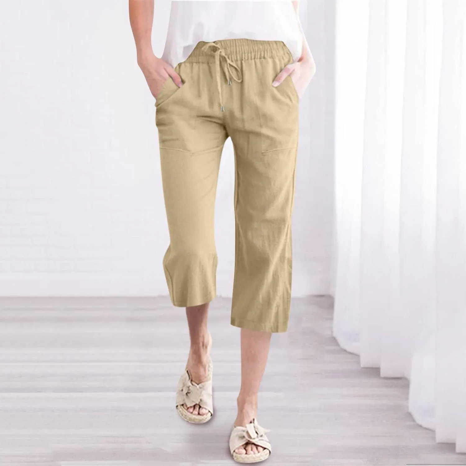 Womens Capris Summer Cotton Linen Pants Casual 2025 Trendy Elastic Waisted Cropped Trousers Beach Pants