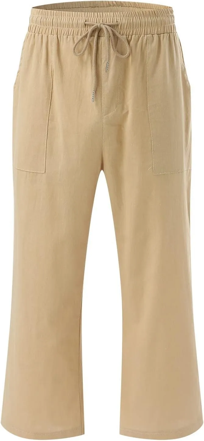 Womens Capris Summer Cotton Linen Pants Casual 2025 Trendy Elastic Waisted Cropped Trousers Beach Pants