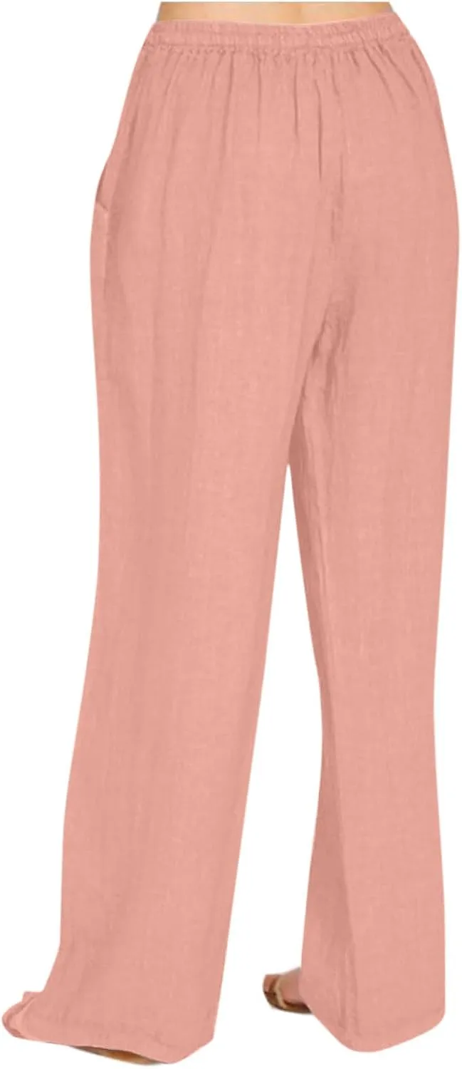 Women's Casual Linen Pants Summer Wide Leg Pants Drawstring Waist Lounge Pants Comfy Loose Pants Flowy Palazzo Pants