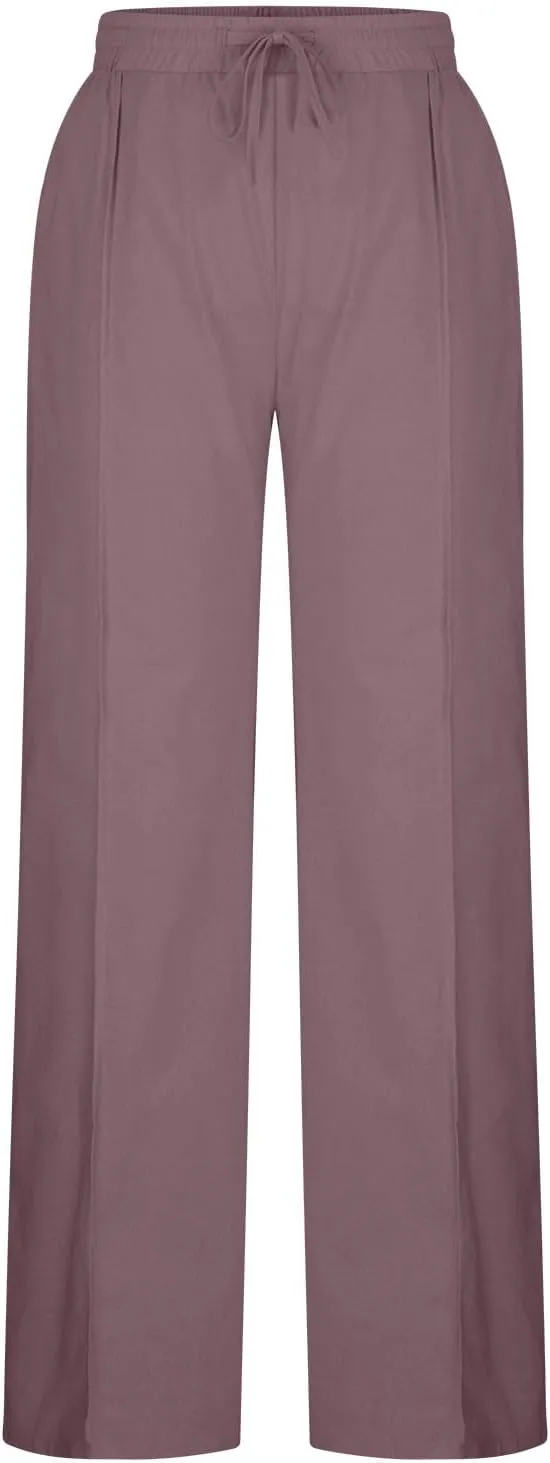 Women's Casual Linen Pants Summer Wide Leg Pants Drawstring Waist Lounge Pants Comfy Loose Pants Flowy Palazzo Pants