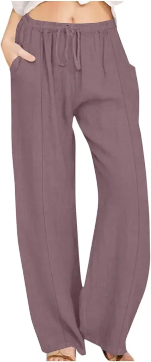 Women's Casual Linen Pants Summer Wide Leg Pants Drawstring Waist Lounge Pants Comfy Loose Pants Flowy Palazzo Pants