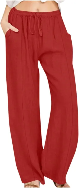 Women's Casual Linen Pants Summer Wide Leg Pants Drawstring Waist Lounge Pants Comfy Loose Pants Flowy Palazzo Pants