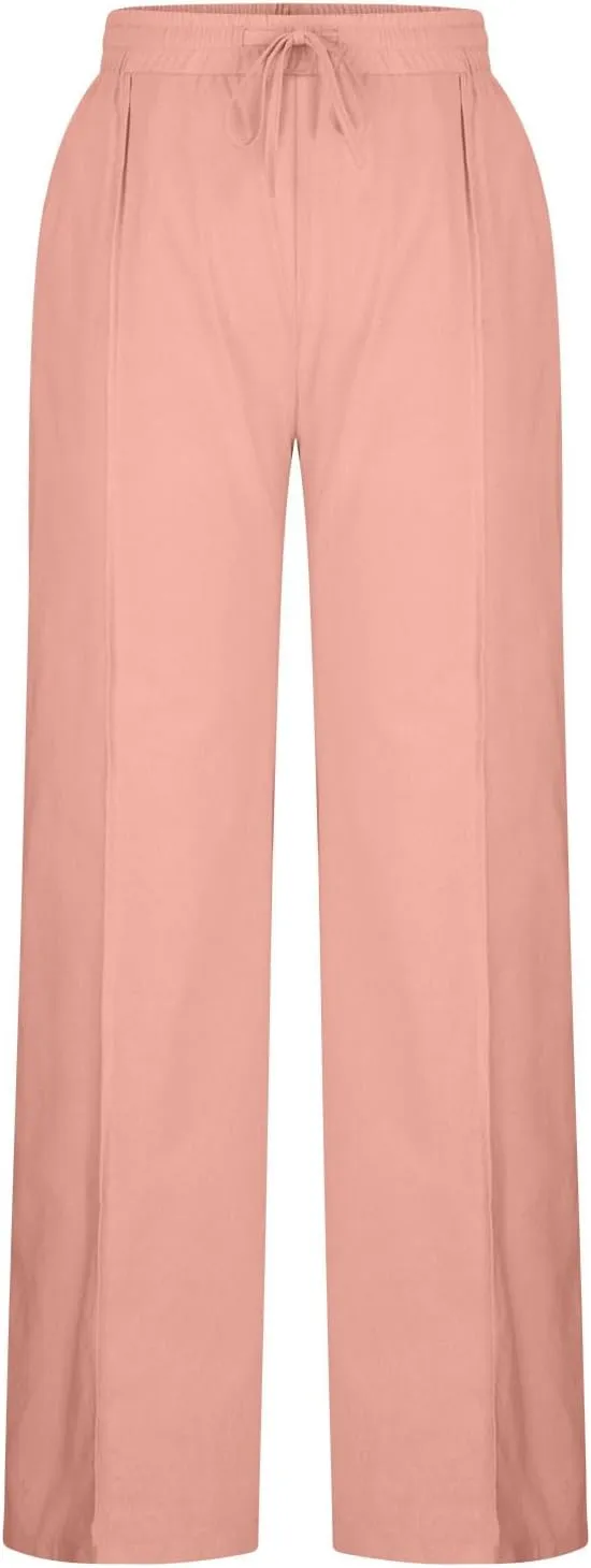 Women's Casual Linen Pants Summer Wide Leg Pants Drawstring Waist Lounge Pants Comfy Loose Pants Flowy Palazzo Pants