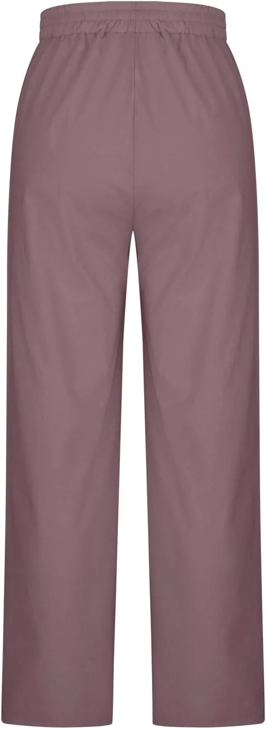 Women's Casual Linen Pants Summer Wide Leg Pants Drawstring Waist Lounge Pants Comfy Loose Pants Flowy Palazzo Pants