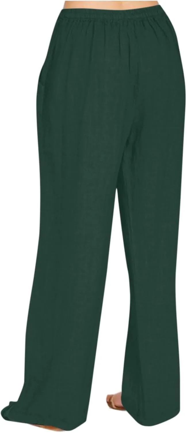 Women's Casual Linen Pants Summer Wide Leg Pants Drawstring Waist Lounge Pants Comfy Loose Pants Flowy Palazzo Pants