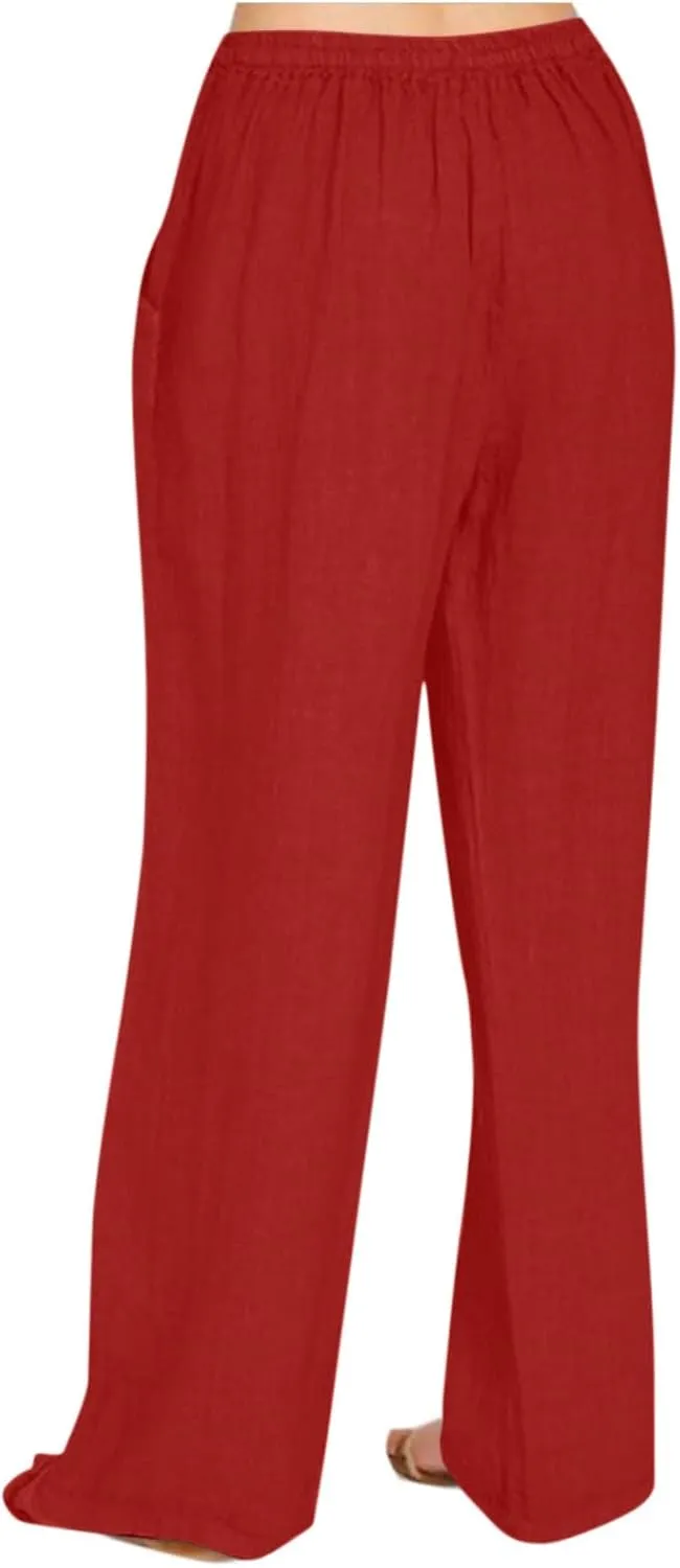 Women's Casual Linen Pants Summer Wide Leg Pants Drawstring Waist Lounge Pants Comfy Loose Pants Flowy Palazzo Pants