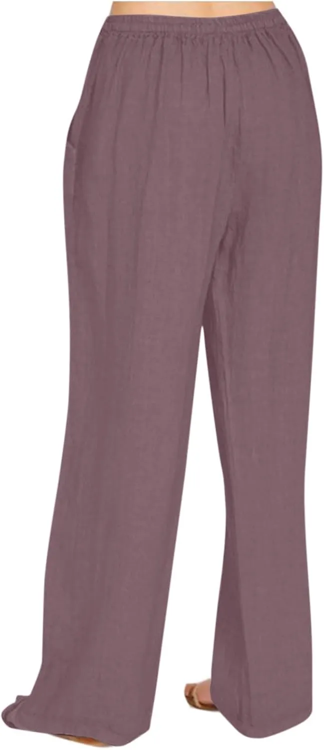 Women's Casual Linen Pants Summer Wide Leg Pants Drawstring Waist Lounge Pants Comfy Loose Pants Flowy Palazzo Pants