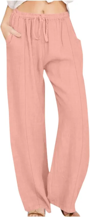 Women's Casual Linen Pants Summer Wide Leg Pants Drawstring Waist Lounge Pants Comfy Loose Pants Flowy Palazzo Pants