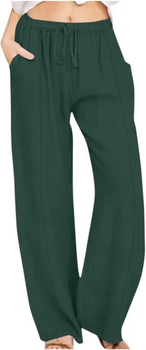 Women's Casual Linen Pants Summer Wide Leg Pants Drawstring Waist Lounge Pants Comfy Loose Pants Flowy Palazzo Pants