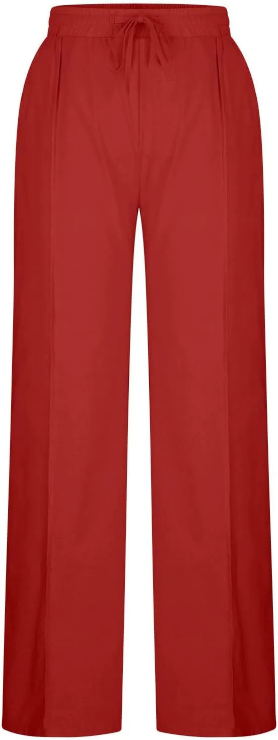 Women's Casual Linen Pants Summer Wide Leg Pants Drawstring Waist Lounge Pants Comfy Loose Pants Flowy Palazzo Pants