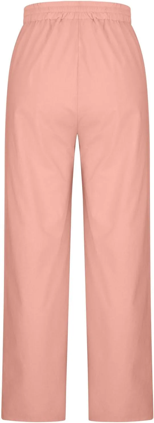 Women's Casual Linen Pants Summer Wide Leg Pants Drawstring Waist Lounge Pants Comfy Loose Pants Flowy Palazzo Pants