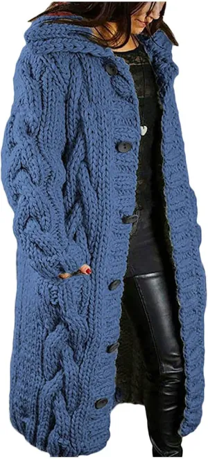 Womens Chunky Cable Knit Hoodie Coats Open Front Long Cardigan Plus Size Solid Button Long Jackets Winter Clothing