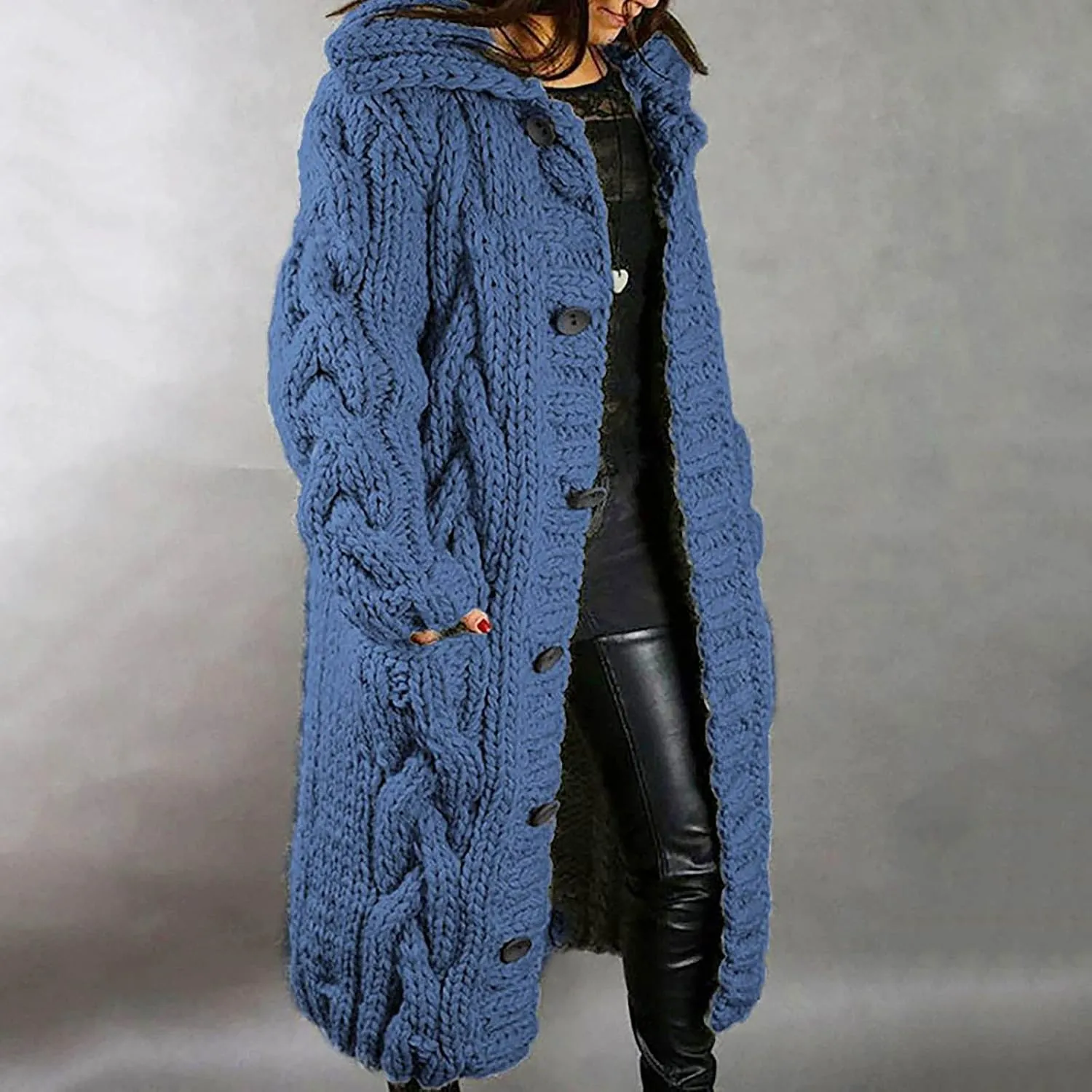 Womens Chunky Cable Knit Hoodie Coats Open Front Long Cardigan Plus Size Solid Button Long Jackets Winter Clothing