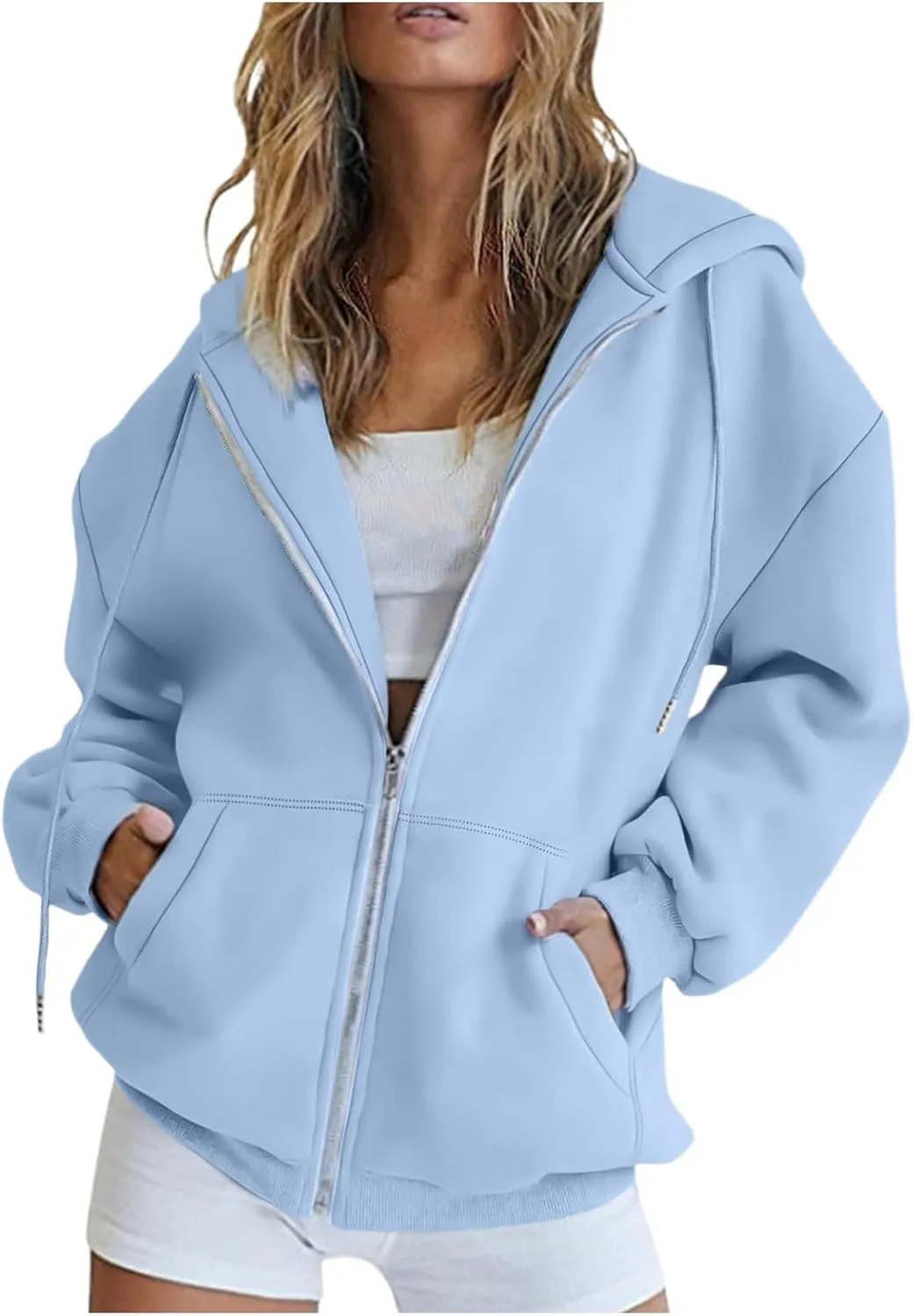 Womens Classic Zip Solid Sweatshirt Casual Long Sleeve Hoodies Crewneck Soft Lightweight Pullover Workout Fall Clothes