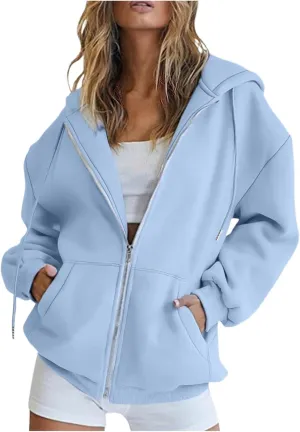 Womens Classic Zip Solid Sweatshirt Casual Long Sleeve Hoodies Crewneck Soft Lightweight Pullover Workout Fall Clothes