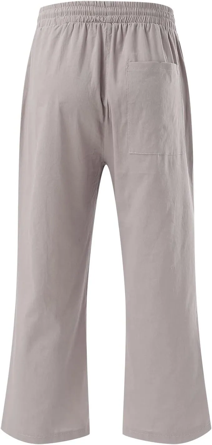 Women's Cotton Linen Capri Pant Loose Elastic Straight Leg Summer Beach Pants with Pockets