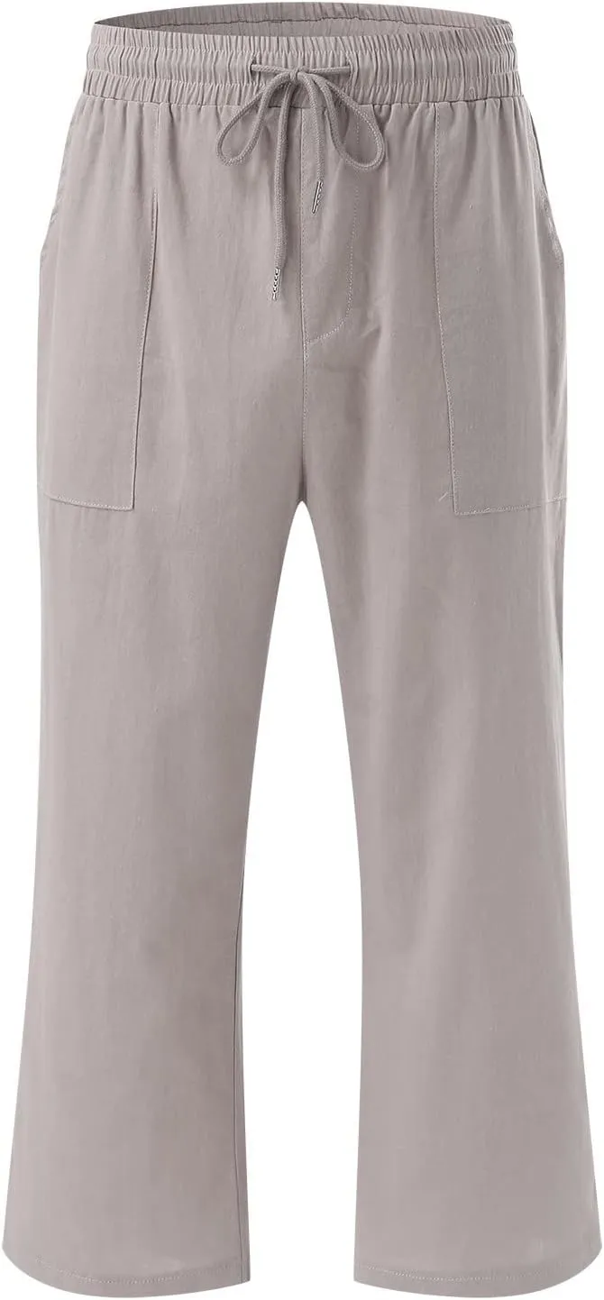 Women's Cotton Linen Capri Pant Loose Elastic Straight Leg Summer Beach Pants with Pockets