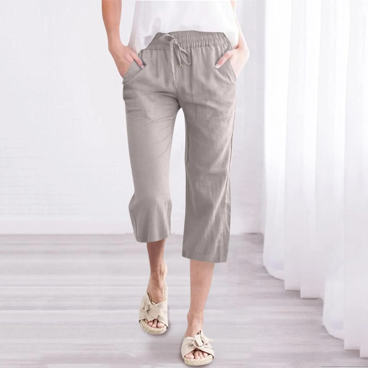 Women's Cotton Linen Capri Pant Loose Elastic Straight Leg Summer Beach Pants with Pockets