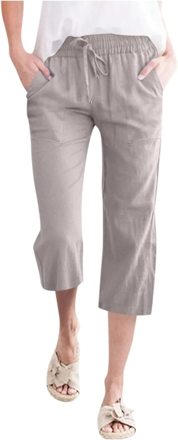 Women's Cotton Linen Capri Pant Loose Elastic Straight Leg Summer Beach Pants with Pockets
