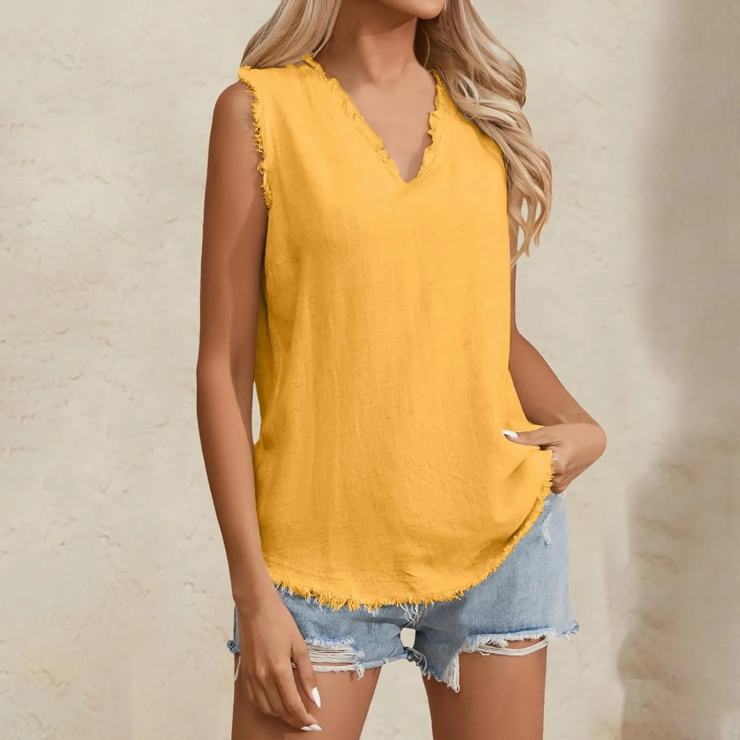 Women's Cotton Linen Tank Tops Summer Sleeveless Ruffled V Neck Raw Edge Hem Shirts Solid Color Loose Camisoles