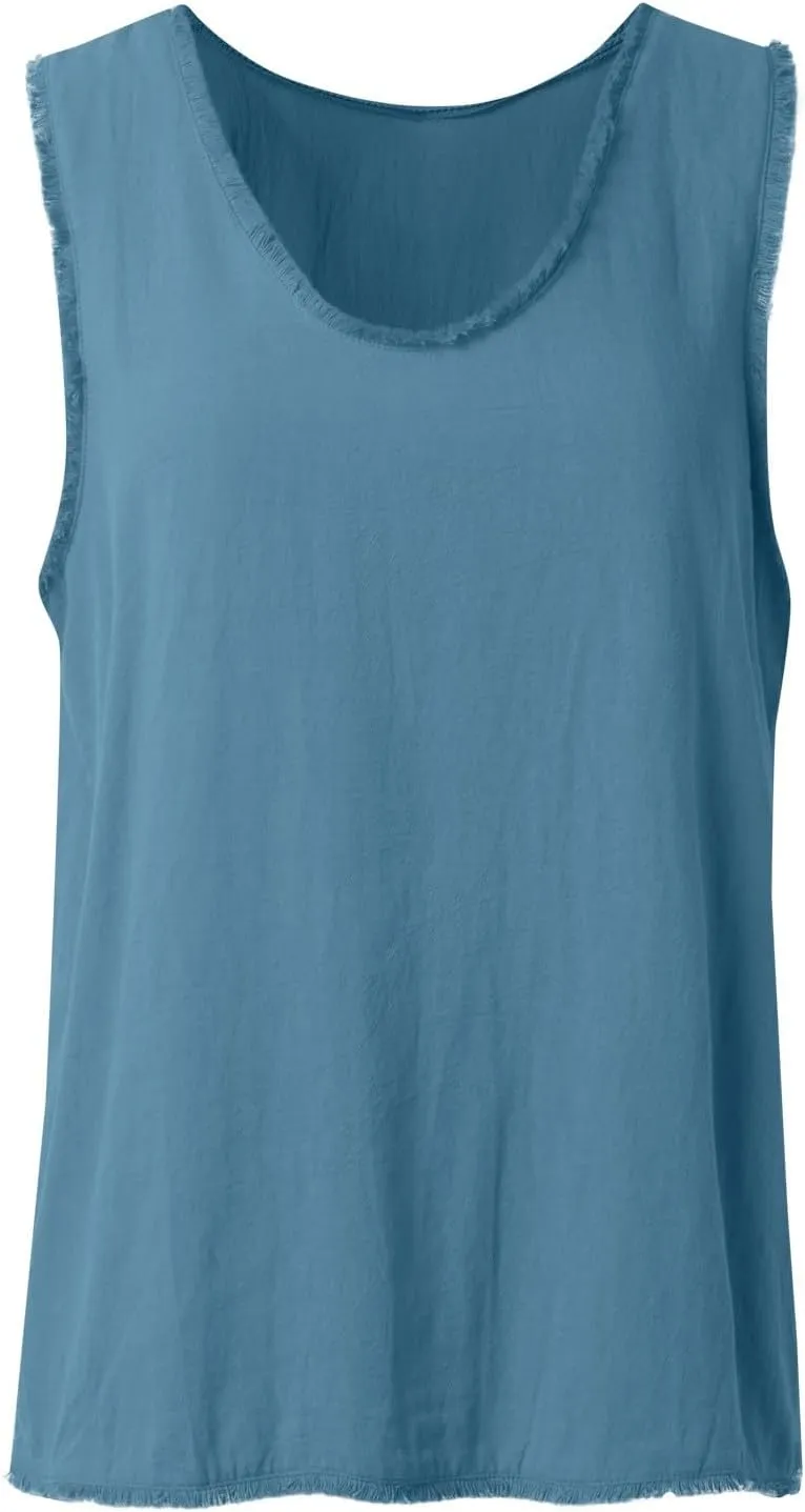 Women's Cotton Linen Tank Tops Summer Sleeveless Ruffled V Neck Raw Edge Hem Shirts Solid Color Loose Camisoles