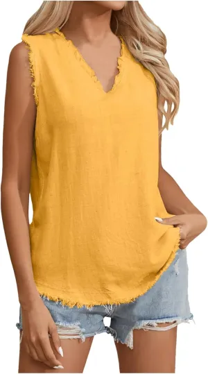 Women's Cotton Linen Tank Tops Summer Sleeveless Ruffled V Neck Raw Edge Hem Shirts Solid Color Loose Camisoles