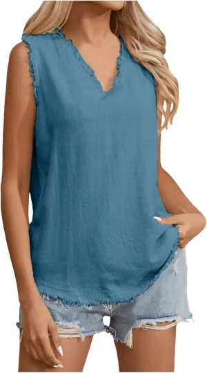Women's Cotton Linen Tank Tops Summer Sleeveless Ruffled V Neck Raw Edge Hem Shirts Solid Color Loose Camisoles
