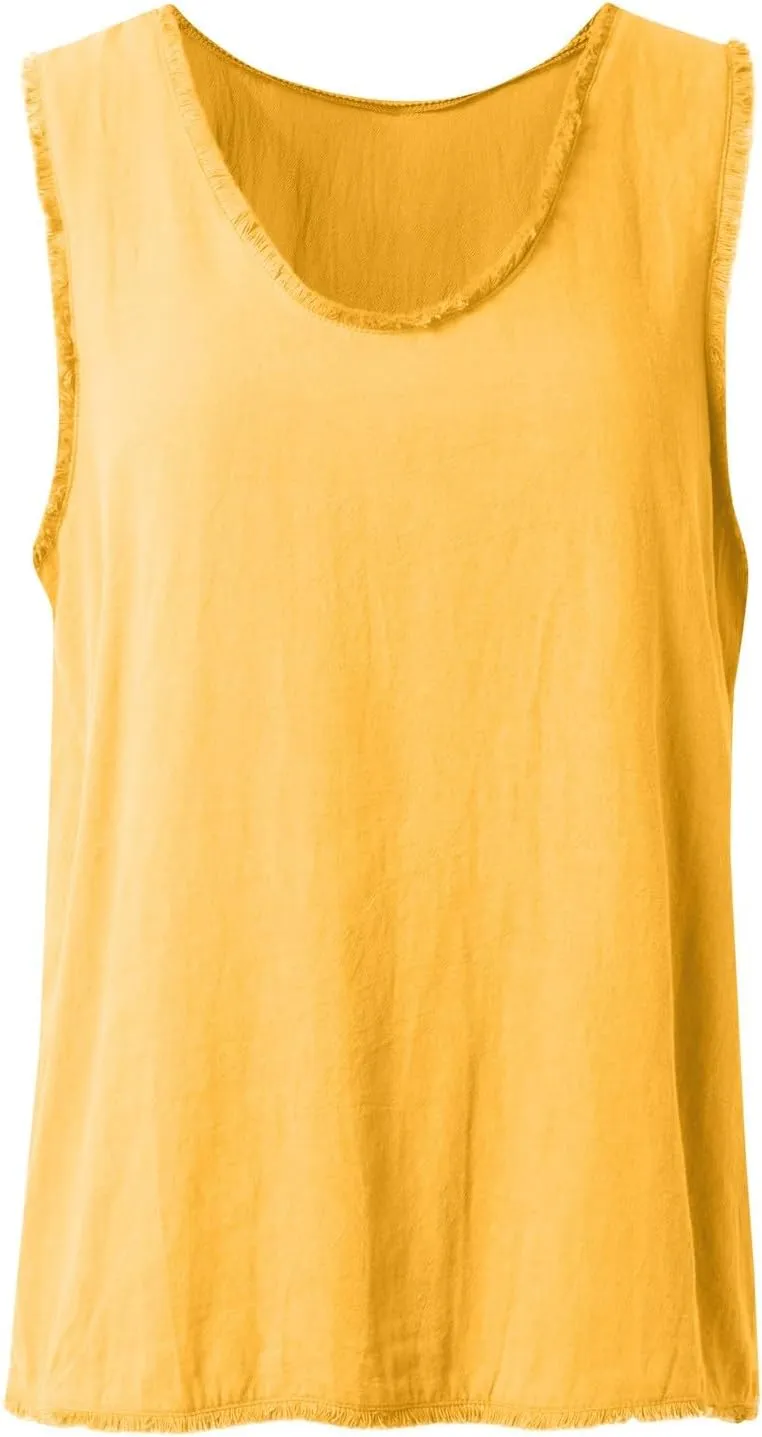 Women's Cotton Linen Tank Tops Summer Sleeveless Ruffled V Neck Raw Edge Hem Shirts Solid Color Loose Camisoles