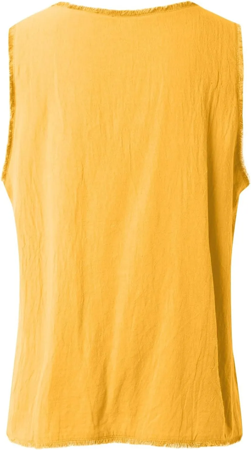 Women's Cotton Linen Tank Tops Summer Sleeveless Ruffled V Neck Raw Edge Hem Shirts Solid Color Loose Camisoles