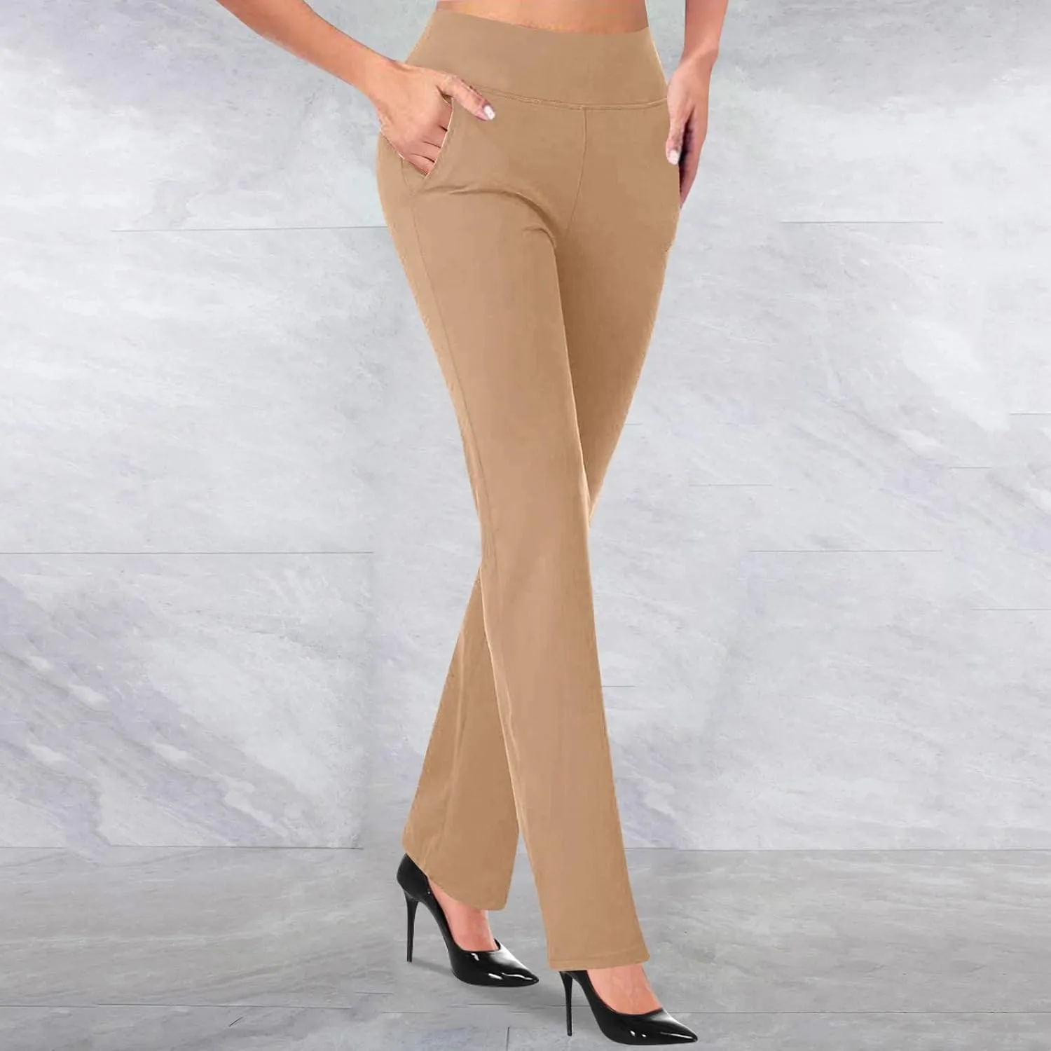 Womens Dress Pants Stretchy Dressy Pants Casual Work Pants Loose Straight Leg Pants Elastic High Waisted Pants Pockets