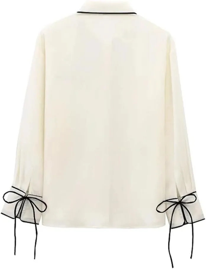 Women's Elegant Shirts Blouses Long Sleeve Loose Tops Butterfly Lace-Up Shirts