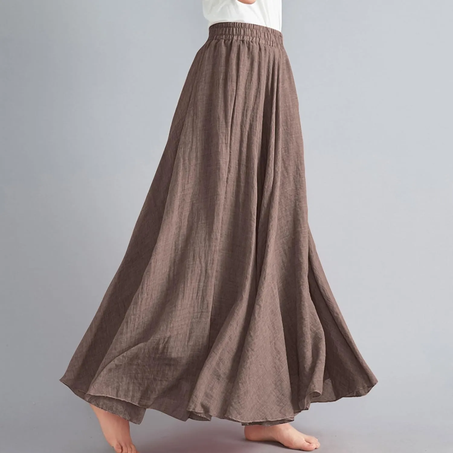 Women's Flowy Linen Maxi Skirt Summer Pleated High Waisted Casual Long Skirts Solid A-Line Beach Skirt for Going Out