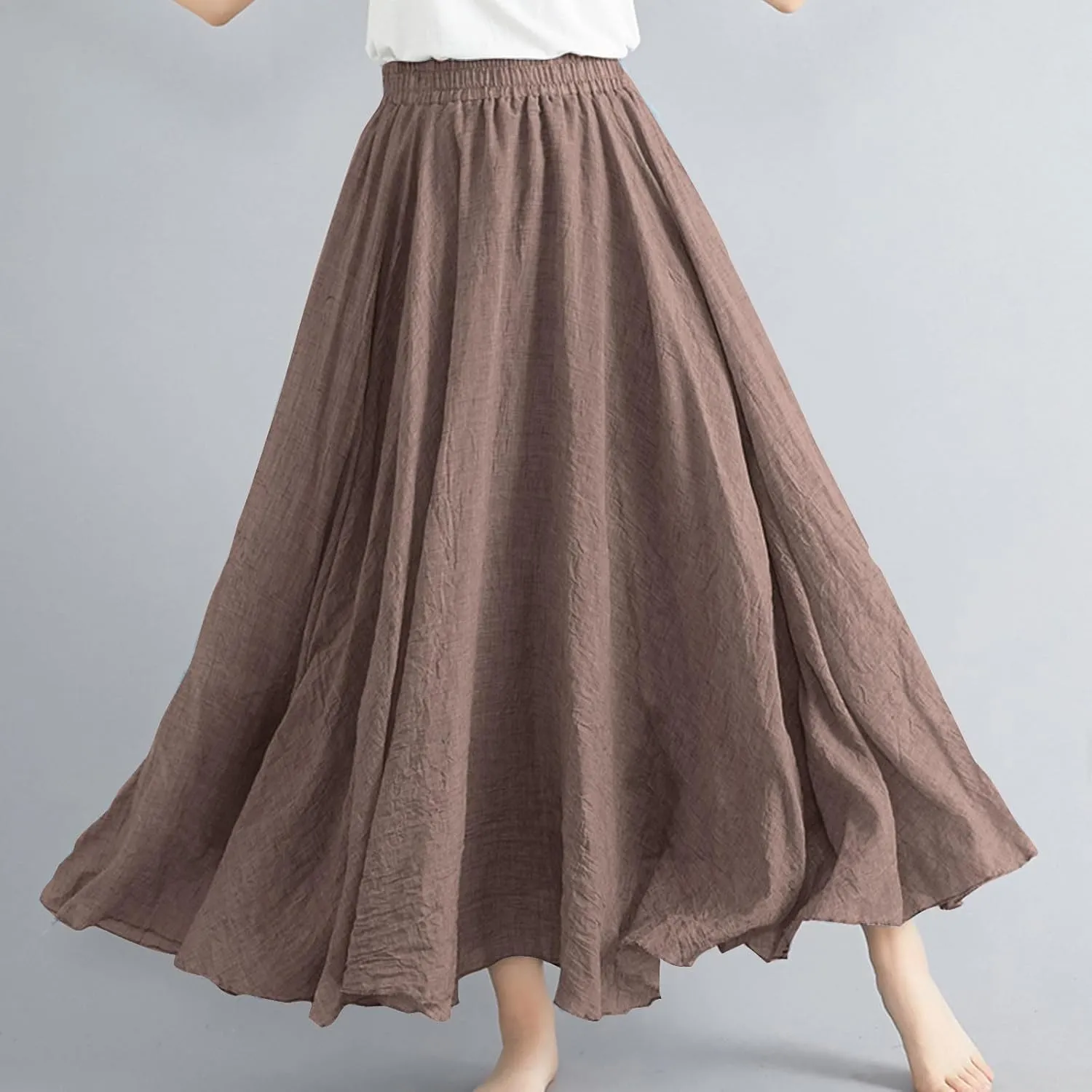 Women's Flowy Linen Maxi Skirt Summer Pleated High Waisted Casual Long Skirts Solid A-Line Beach Skirt for Going Out