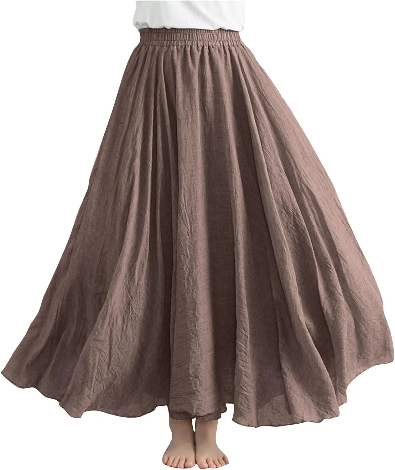 Women's Flowy Linen Maxi Skirt Summer Pleated High Waisted Casual Long Skirts Solid A-Line Beach Skirt for Going Out