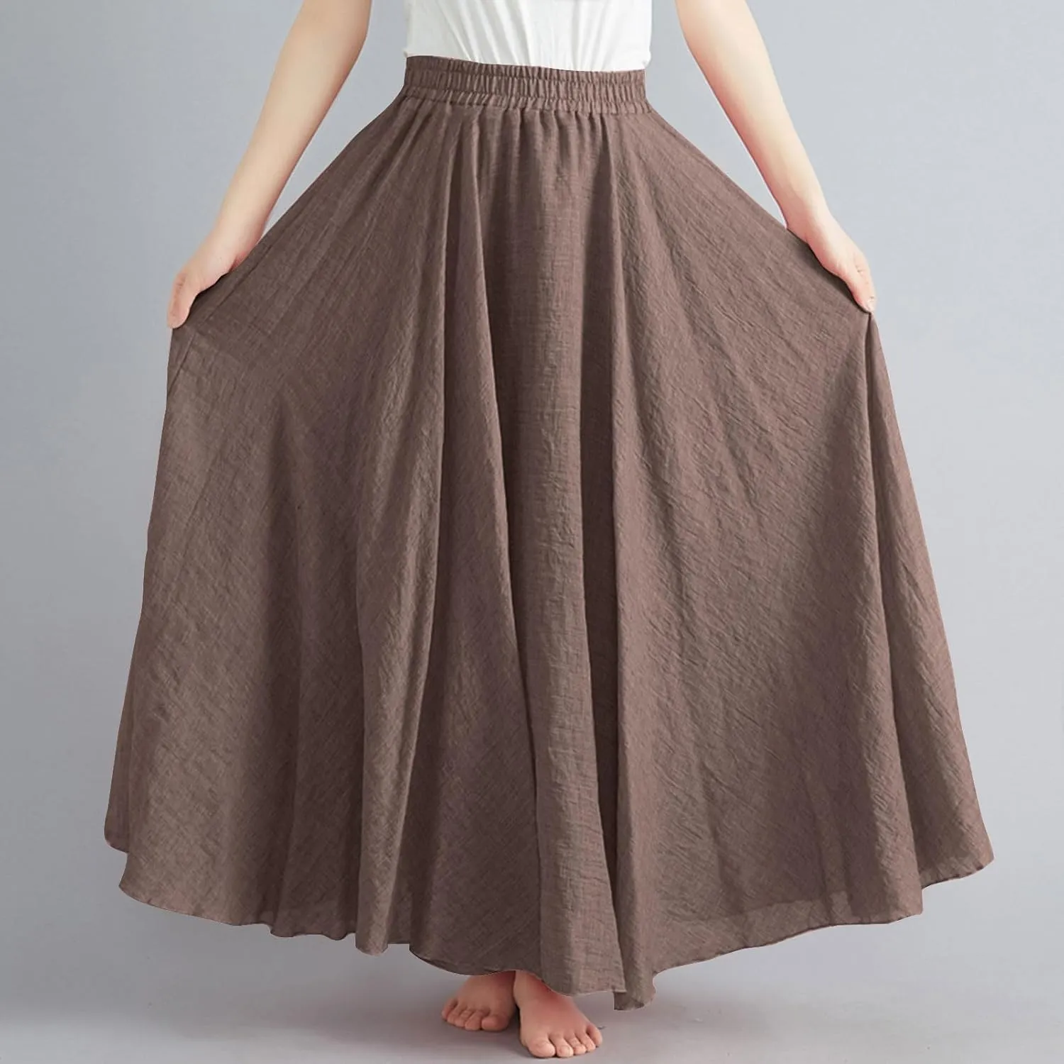 Women's Flowy Linen Maxi Skirt Summer Pleated High Waisted Casual Long Skirts Solid A-Line Beach Skirt for Going Out