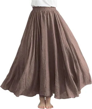 Women's Flowy Linen Maxi Skirt Summer Pleated High Waisted Casual Long Skirts Solid A-Line Beach Skirt for Going Out
