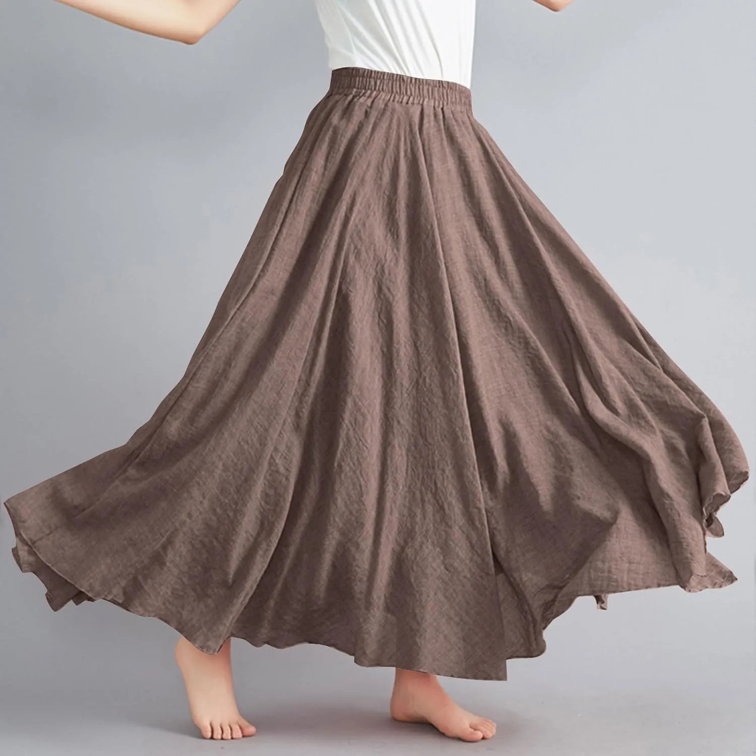 Women's Flowy Linen Maxi Skirt Summer Pleated High Waisted Casual Long Skirts Solid A-Line Beach Skirt for Going Out