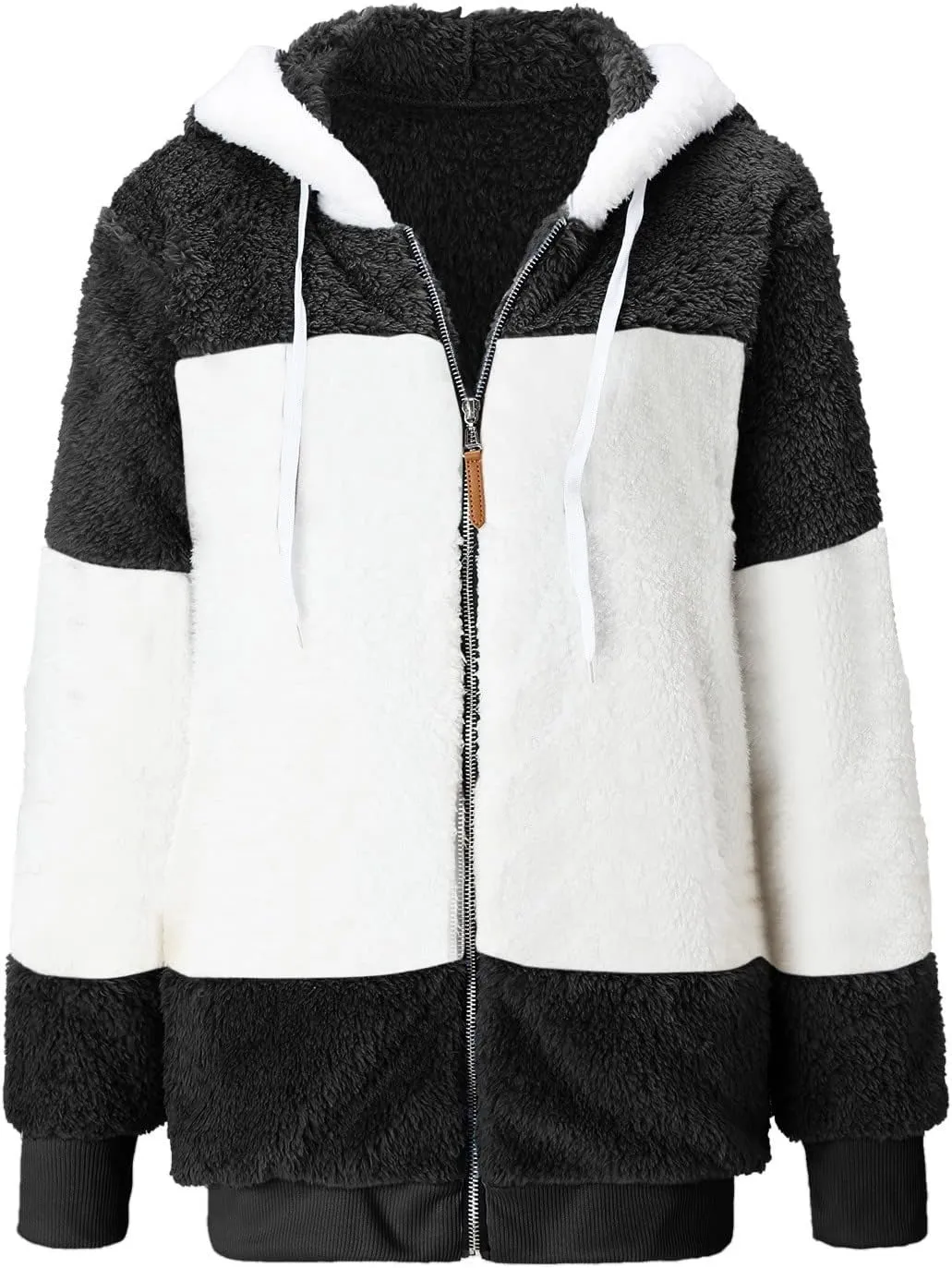 Womens Fuzzy Fleece Jacket Solid Color Artificial Wool Zipper Drawstring Long-Sleeved Hoodie Outerwear with Ladies