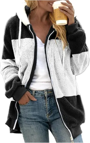 Womens Fuzzy Fleece Jacket Solid Color Artificial Wool Zipper Drawstring Long-Sleeved Hoodie Outerwear with Ladies