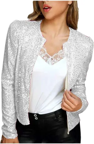Women's Glitter Sequins Blazer Shiny Long Sleeve Zip Flight Jacket Trendy Teens Sexy Sparkly Party Bomber Jacket Tops