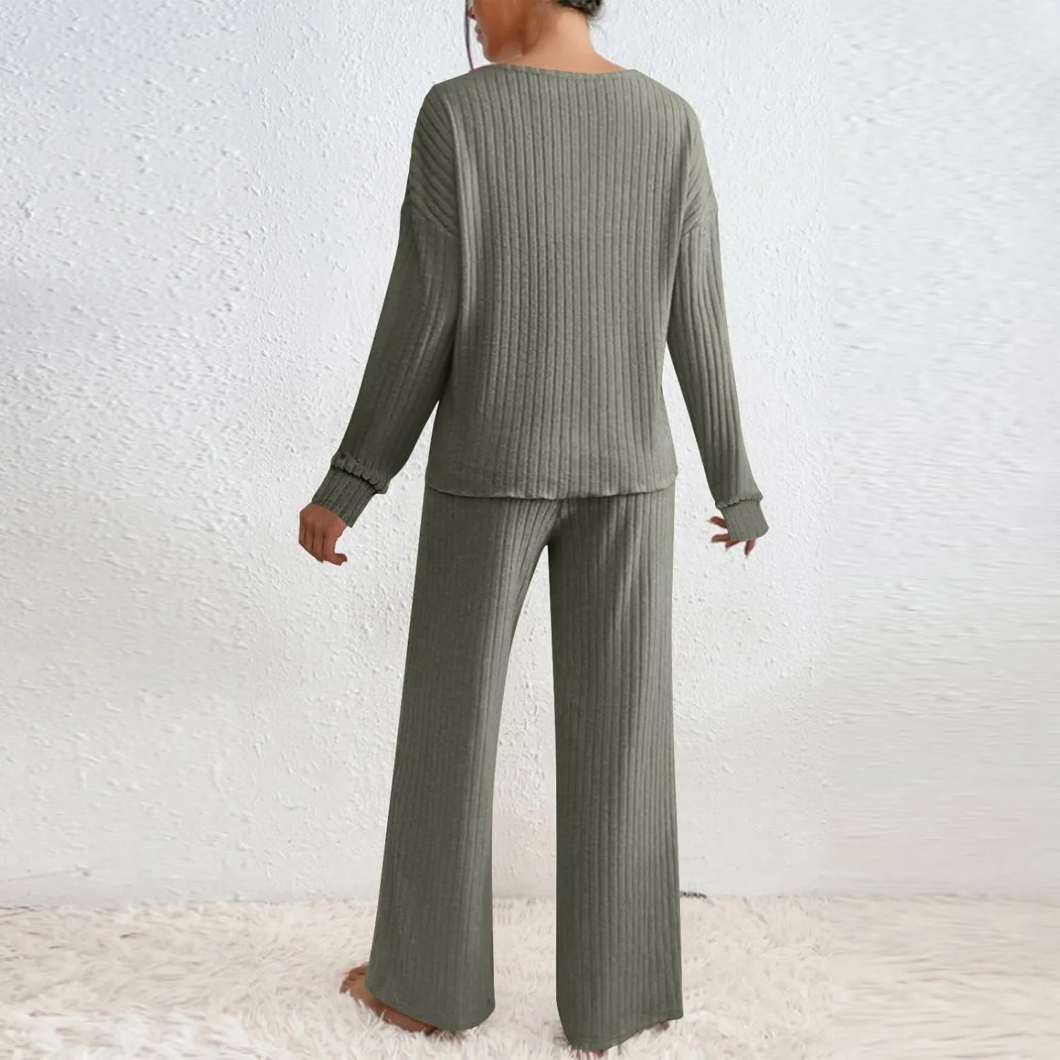 Womens Knit 2 Piece Sweater Sets Wide Leg Pants Lounge Set Loungewear Long Sleeve Pajama Sets Sleepwear